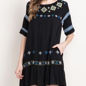 MITTOSHOP Embroidered Black Ruffled Hem Dress NEW